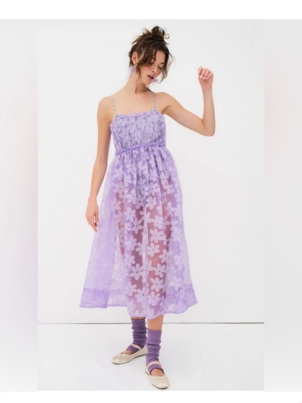 For Love & Lemons Villegas Midi Dress Lace Purple Floral Bodysuit Dress NWT